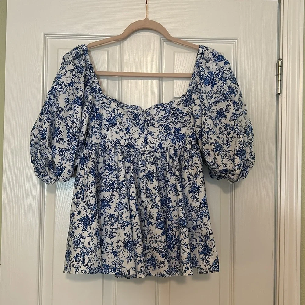 Caroline Constas Brie Top in Blue Toile